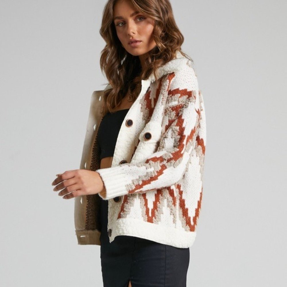 Aztec Print Knit Oversized Cardigan Geo Print Textured 3D Sherpa Trim Coat - Picture 6 of 6